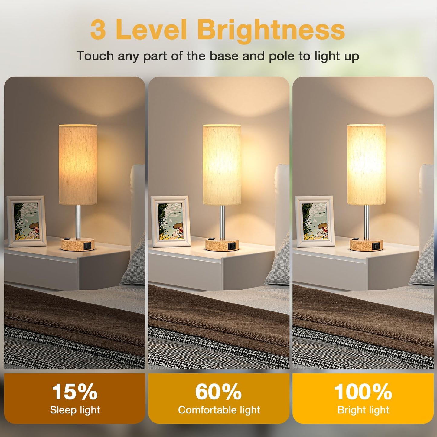 Touch Bedside Table Lamps Set - 3 Way Dimmable Bedroom Lamps Set of 2 with USB C & A Ports, Small Lamps for Nightstand with AC Outlet, Small Desk Lamp for Office, Dorm, Nursery - Dorm Room Essentials