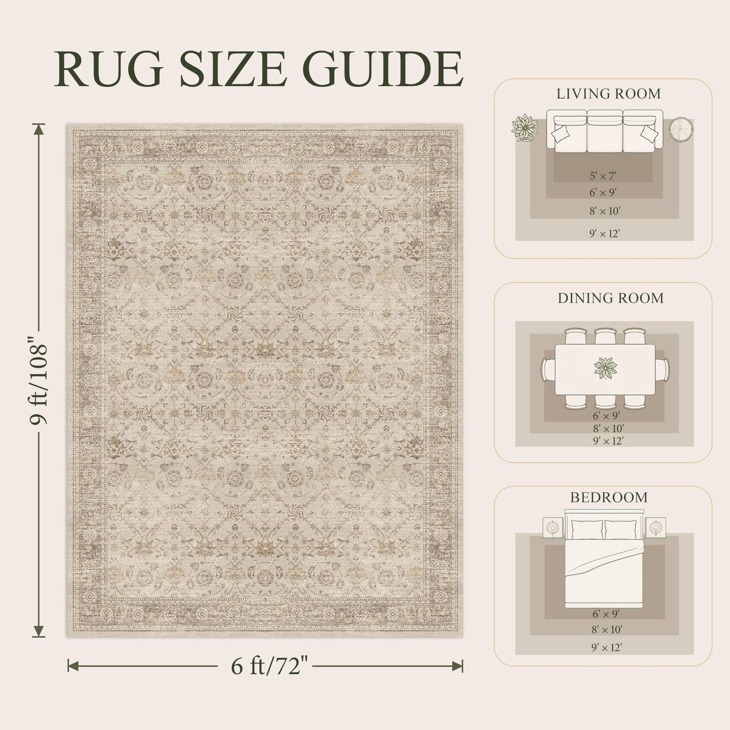 Lullosa Area Rugs 5x7 Washable Non-Slip, Beige Vintage Boho Traditional Carpet for Living Room, Nursery, Bedroom, Office, Laundry, Dining Room Table Rug
