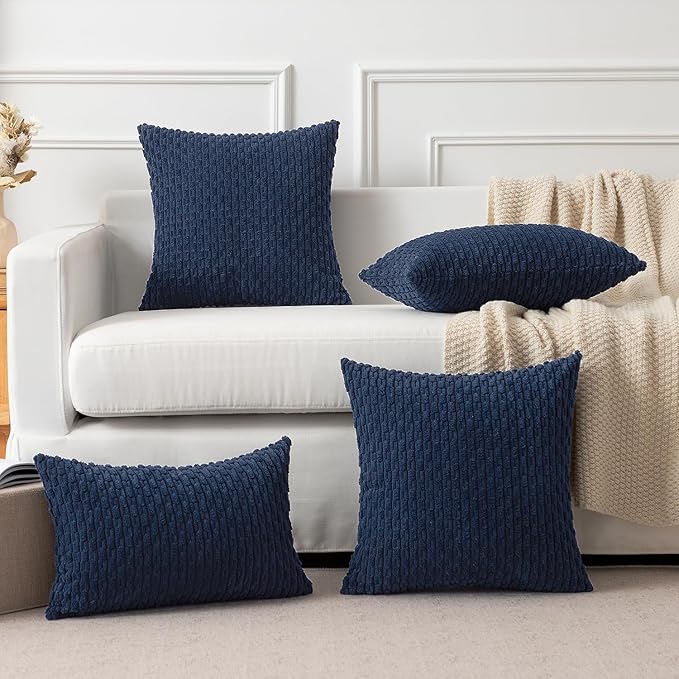 Kevin Textile Pack of 2 Corduroy Decorative Throw Pillow Covers 26x26 Inch Soft Boho Striped Pillow Covers Modern Farmhouse Home Decor for Spring Sofa Living Room Couch Bed Navy Blue