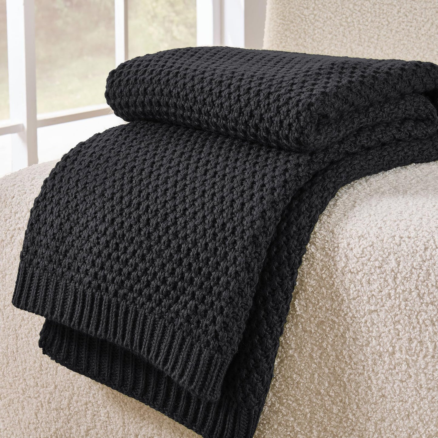 OnesCosy Charcoal Grey Throw Blanket, Dark Grey Knit Throw Blanket for Couch, Soft Cozy Warm Lightweight Decorative Reversible Moss Stitch Cable Knitted Blankets for Bed, 60x80 Inches, Charcoal Grey