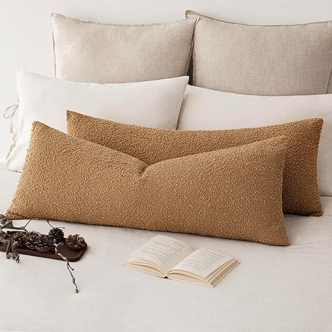 Foindtower Decorative Textured Boucle Throw Pillow Covers Accent Solid Pillow Cases Neutral Long Body Lumbar Couch Cushion Case for Chair Sofa Bedroom Living Room Home Decor 14x36 Inch,1PC,Tobacco