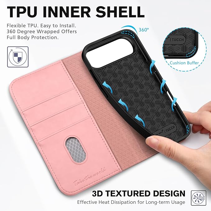 TUCCH Case Wallet for iPhone Air (6.5") 2025, RFID Blocking 3 Card Holders | Kickstand | PU Leather | Protective Flip Folio Cover | TPU Shockproof Interior Shell | Pink