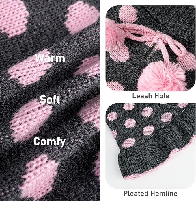 KYEESE Dog Sweater Dress Polka Dot Turtleneck Dogs Sweaters for Girl with Leash Hole Knit Pullover with Pom Pom Ball