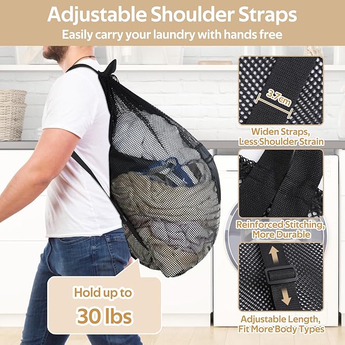 OTraki Mesh Laundry Bags 36 x 28 Inch Extra Large Drawstring Laundry Mesh Wash Bag with Shoulder Straps Heavy Duty Dirty Clothes Travel Laundry Backpack for Home College Dorm Apartment Black