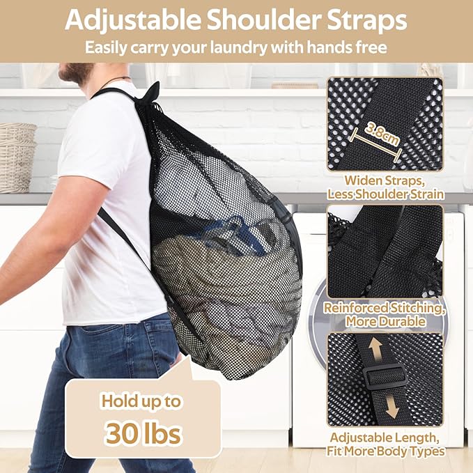 OTraki Mesh Laundry Bag Backpack 24x32 Inch Gym Drawstring Backpack Travel Dirty Clothes Bags with Pocket & Adjustable Shoulder Straps for Laundromat Home College Dorm Apartment (Black)
