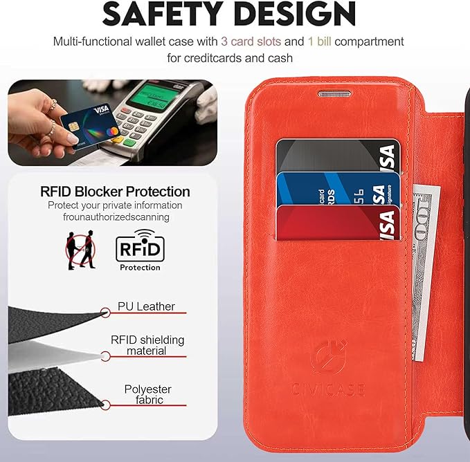 CIVICASE for iPhone Air Wallet Case with Stand,PU Leather Flip Credit Card Holder Slots (RFID Blocking),Compatible with Magsafe Magnetic Holder Phone Cover Women Men,Orange