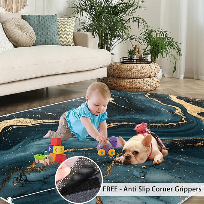 Marble Washable Area Rugs 2x3 Non-Slip Fluid Art Living Room Rug Gold Lines Soft for Carpet Low Pile Indoor Door Mat & Room Decor