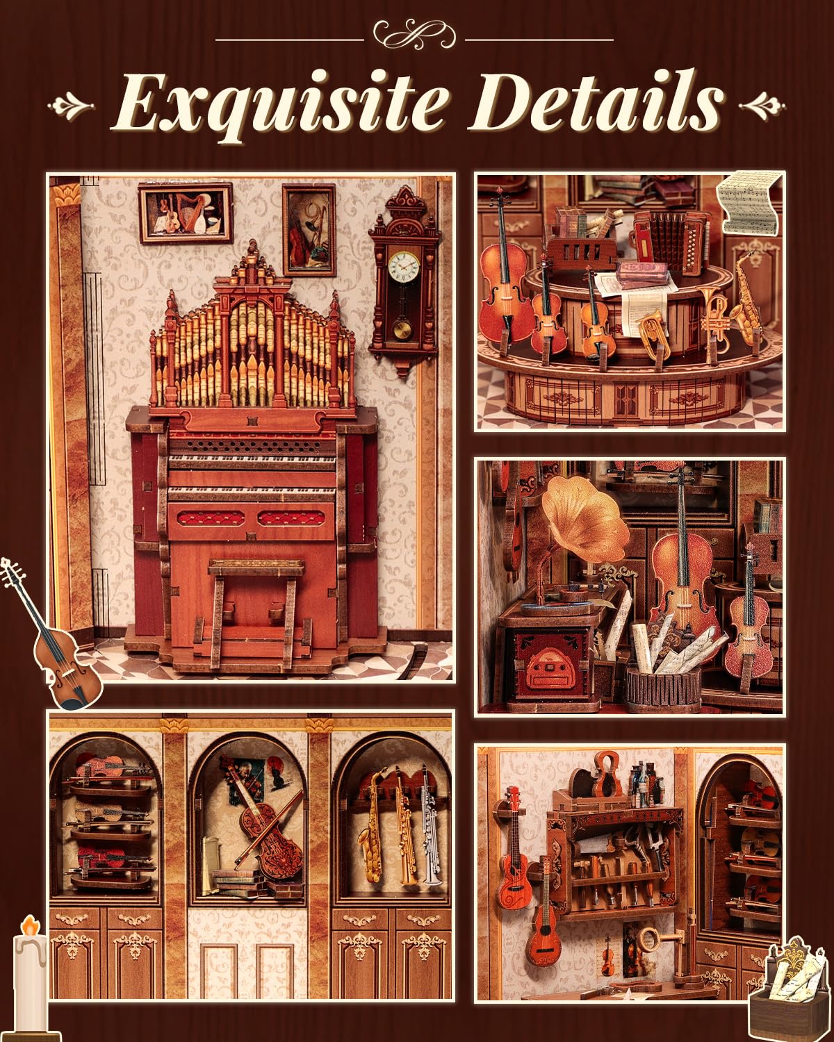 Book Nook Kit for Adults, DIY Miniature Dollhouse Kit，3D Wooden Puzzle Booknook with LED Lights, Decorative Bookends Desktop Bookshelf Home Decor, Craft Gifts for Family and Friends (Bach Strings)