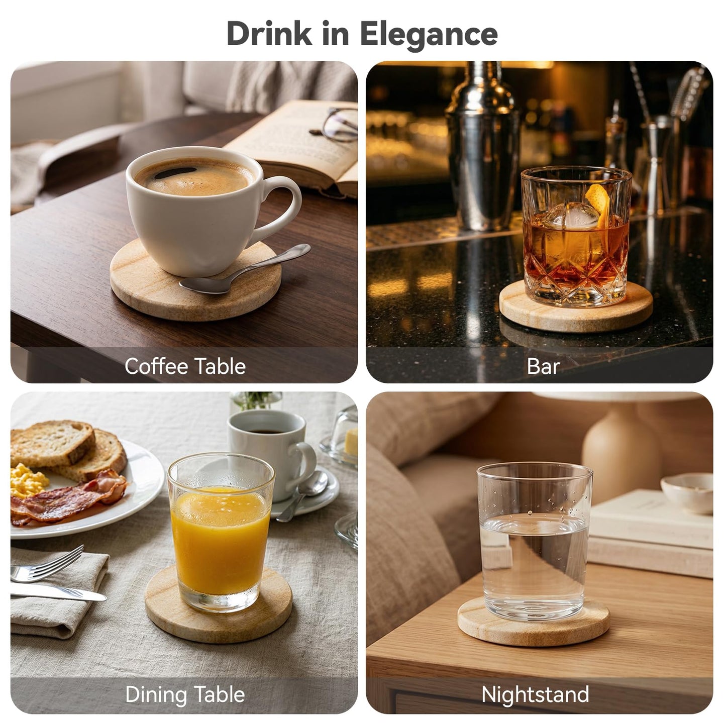 Natural Sandstone Coasters Set of 4, 4" Round Matte Absorbent Stone Coasters with Cork Bottom - No Water Rings, Heat Resistant, Non-Slip, Scratch-Resistant - Ideal for Coffee Table, Gift Ready