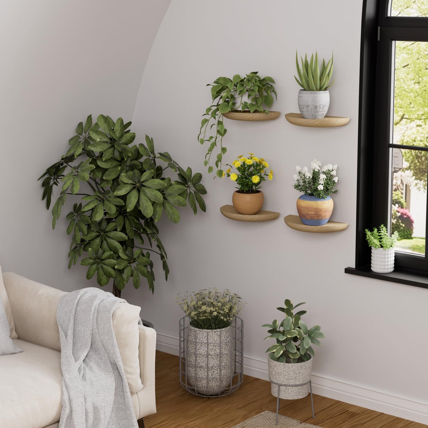 QsQueen Half Round Floating Shelves, 4 Pack Small Wood Wall Shelves for Plants & Decor