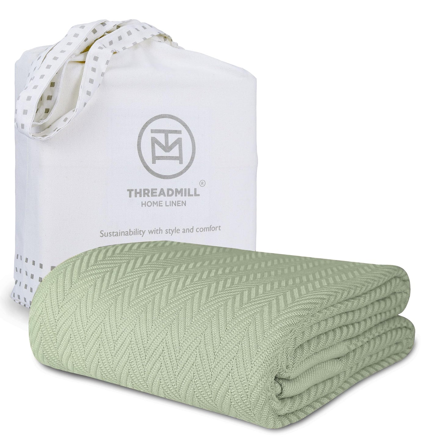 Threadmill Luxury Cotton Blankets Queen Size | All-Season 100% Cotton Blanket for Queen/Full Size Bed | Herringbone Soft Breathable | Sage Green