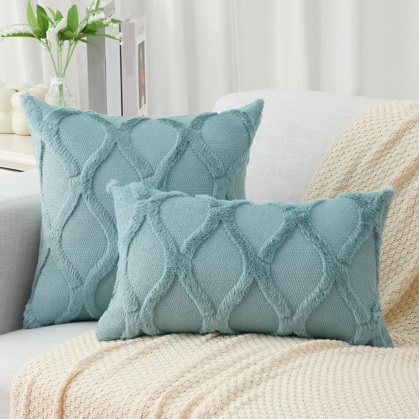 decorUhome Summer Throw Pillow Covers 18x18 Inch Set of 2, Soft Plush Faux Fur Wool Aqua Accent Couch Pillow Covers for Modern Farmhouse Bed Sofa Living Room