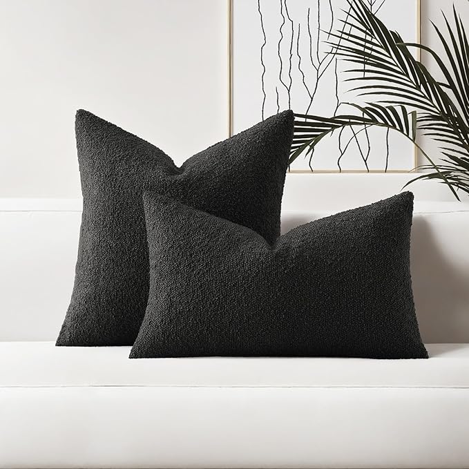 HAUSSY Set of 2 12x20 Decorative Throw Pillow Covers, Soft Cozy Textured Boucle Lumbar Pillow Cases, Home Decor for Couch Bed Living Room, Black