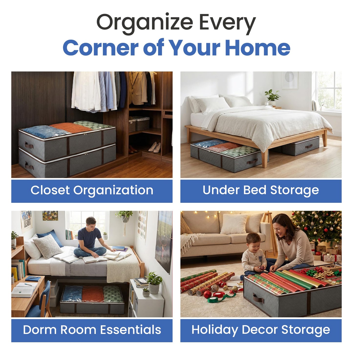 Underbed Storage Bags 4-Pack - Foldable Under Bed Storage Organizer for Clothes, Bedroom Blankets, Comforter, Pillows, Linen Sheets, Towels, Sweaters, Shoe Drawers - Ideal for College Dorms (Grey)