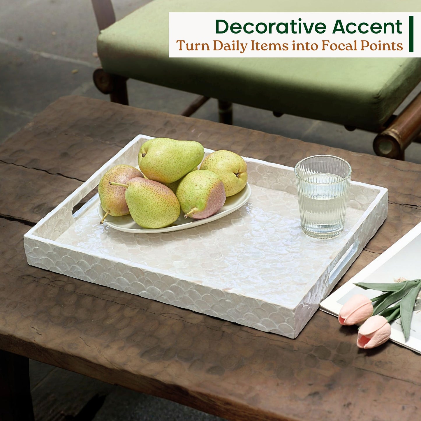 CHI AN HOME Capiz Decorative Tray 15.8” x 11.8” x 1.8" Rectangular Tray, Natural Handmade Serving Tray with Handles for Coffee Tables, Ottoman, Vanity, Kitchen, Coastal Boho Home Decor, White