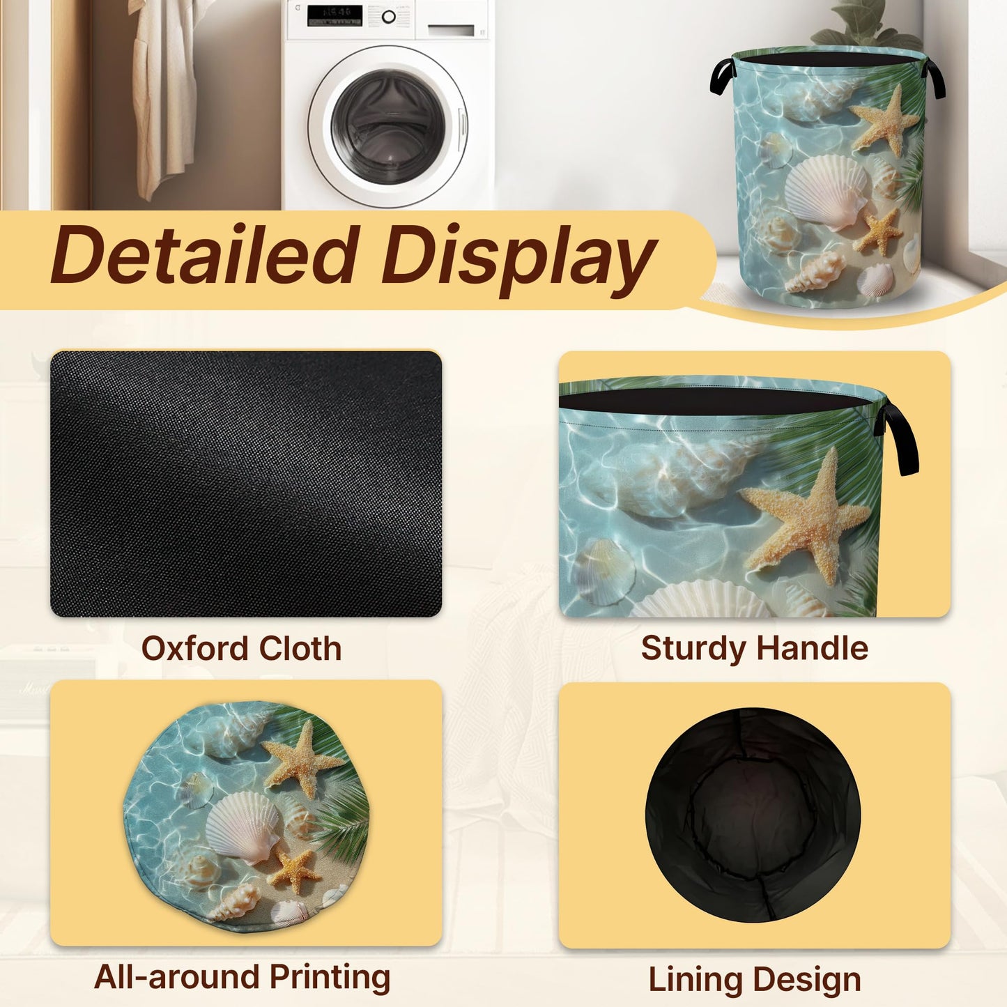 Sea Beach Laundry Basket,Starfish Shells Collapsible Laundry Baskets with Handles,Waterproof Oxford Cloth Hamper,Storage Organizer for Bathroom Bedroom Dorm