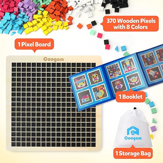 Coogam Wooden Mosaic Puzzle, 370PCS Shape Pattern Blocks with 8 Colors, Pixel Board Game Montessori STEM Toys Gift for Kids Toddlers Boys Girls Ages 4 5 6 7 Years Old