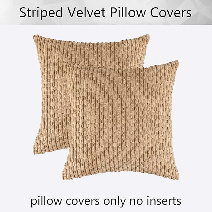 Kevin Textile 2 Packs Tan Decorative Throw Pillow Covers 22x22 Inch for Living Room Couch Bed Sofa Soft Striped Corduroy Square Cushion Case 55x55 cm Rustic Farmhouse Boho Home Decor