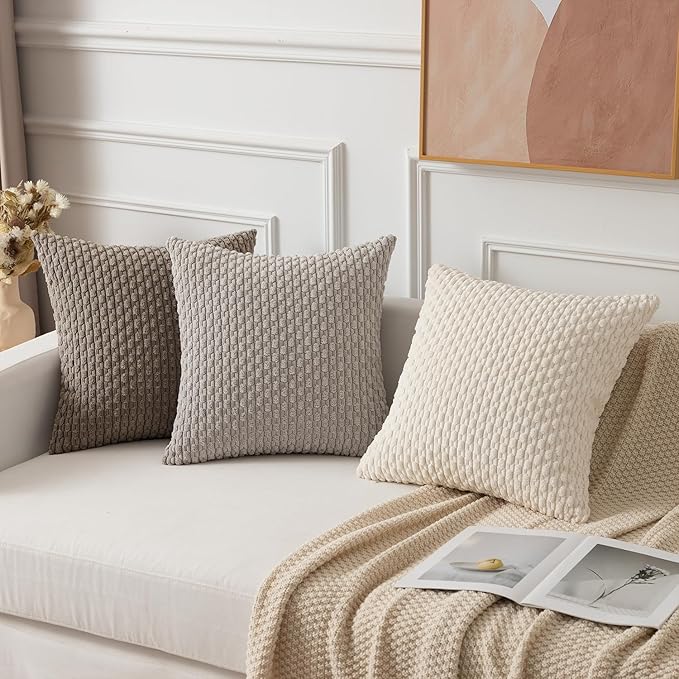 Kevin Textile Throw Pillow Covers Soft Corduroy Decorative Set of 2 Boho Striped Pillow Covers Pillowcases Farmhouse Home Decor for Couch Bed Sofa Living Room 24x24 Inch Light Brown