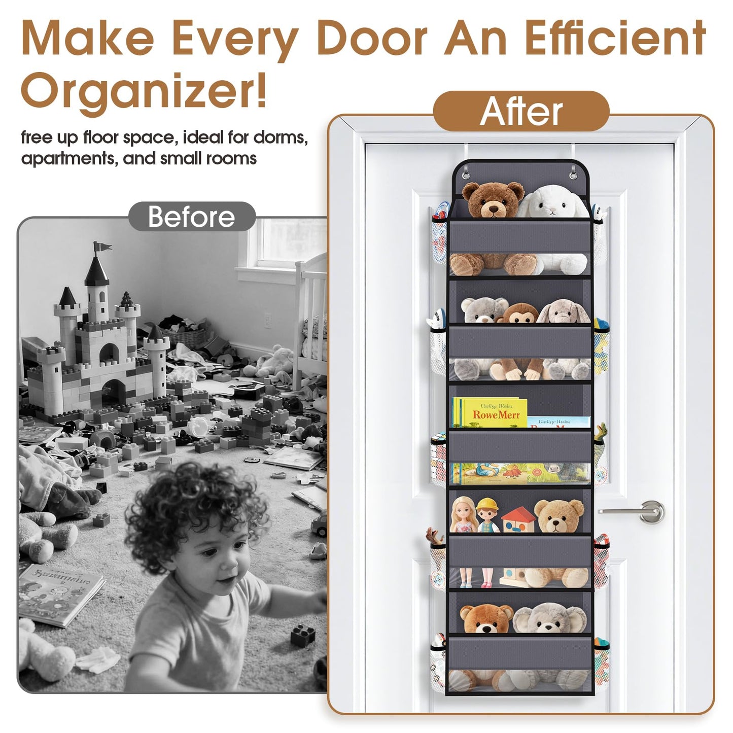 WISELIFE Over the Door Organizer Storage with 5 Large Pockets and Clear Windows, Hanging Organizer for Nursery Bedroom Bathroom Pantry Closet and Baby Essentials, Dark Grey