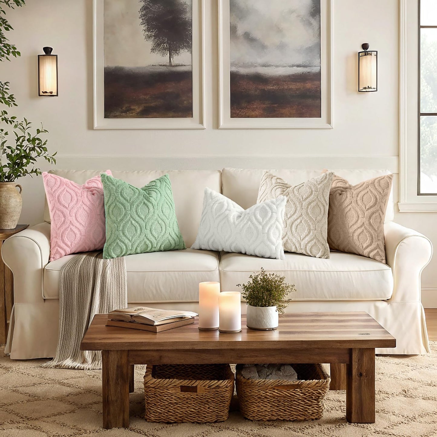 decorUhome Throw Pillow Covers 24x24 Inch Set of 2, Soft Plush Faux Wool Beige Solid Couch Pillow Covers, Accent Euro Sham Farmhouse Neutral Square Pillow Cases for Sofa Bed Living Room