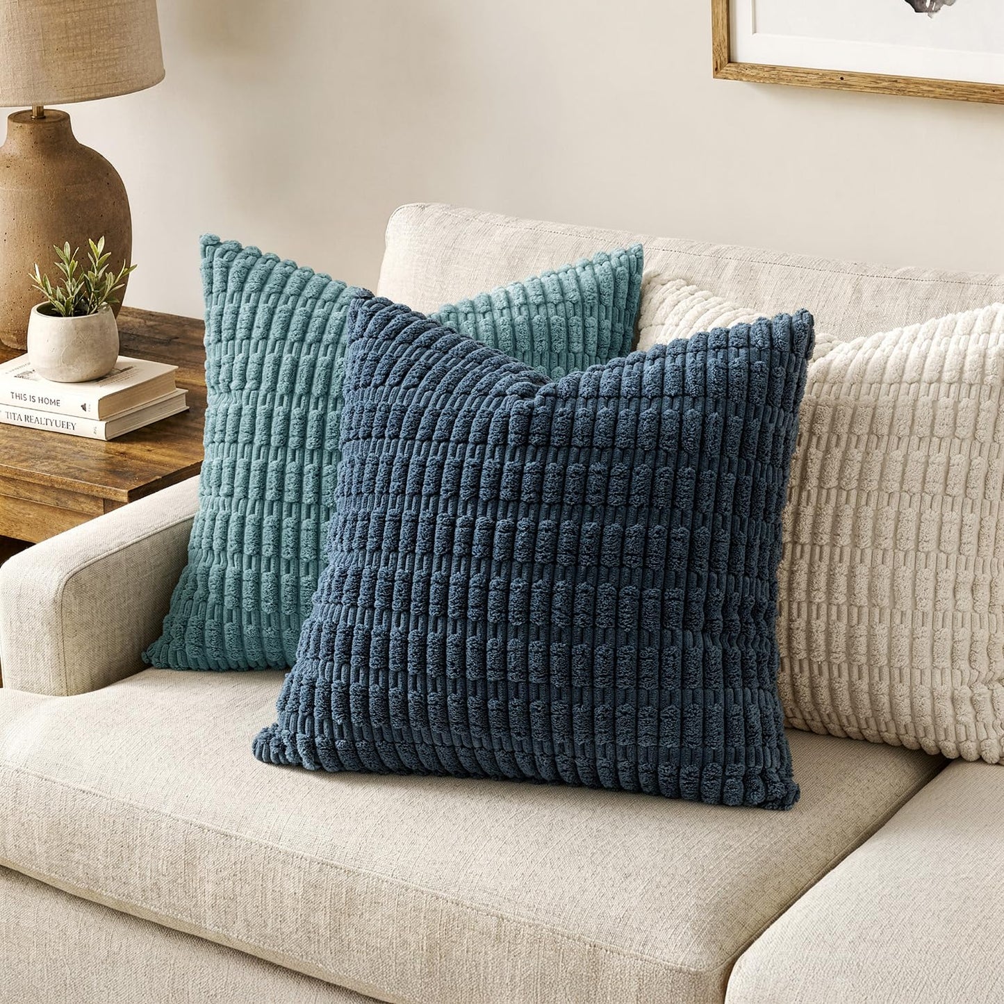 MIULEE Pack of 2 Corduroy Decorative Throw Pillow Covers 20x20 Inch Soft Boho Striped Pillow Covers Modern Farmhouse Home Decor for Summer Coastal Sofa Living Room Couch Bed Blue