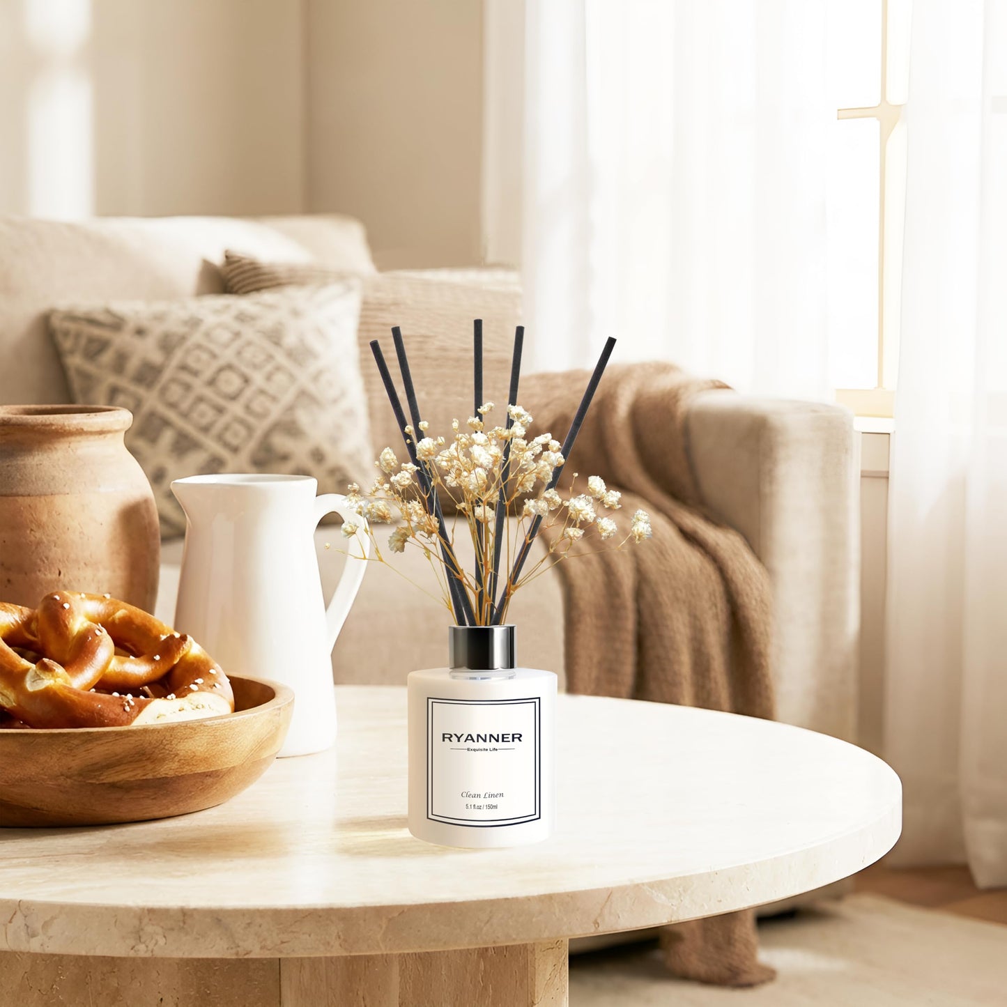 RYANNER Reed Diffuser Set,5.1 fl oz Clean Linen Scent Diffuser with Sticks Home Fragrance Reed Diffuser with Essential Oil for Bathroom Shelf Decor&Air Freshener,Home Bathroom Office Decor & Gifts