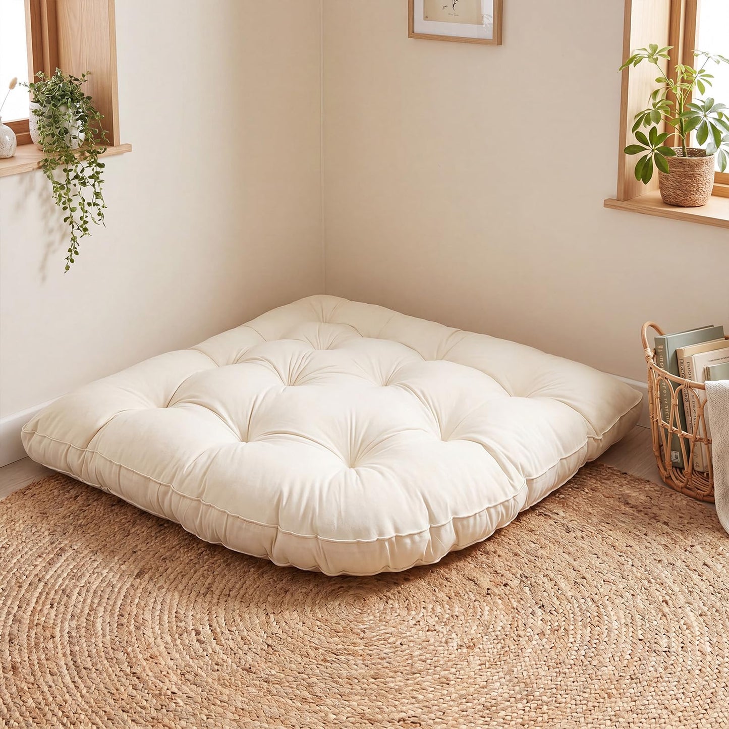 Yookeer Triangle Floor Pillow 100cm Cream Tufted Corner Floor Cushion Thickened Soft Window Seat Cushion Washable Meditation Mat for Living Room Bay Balcony Reading
