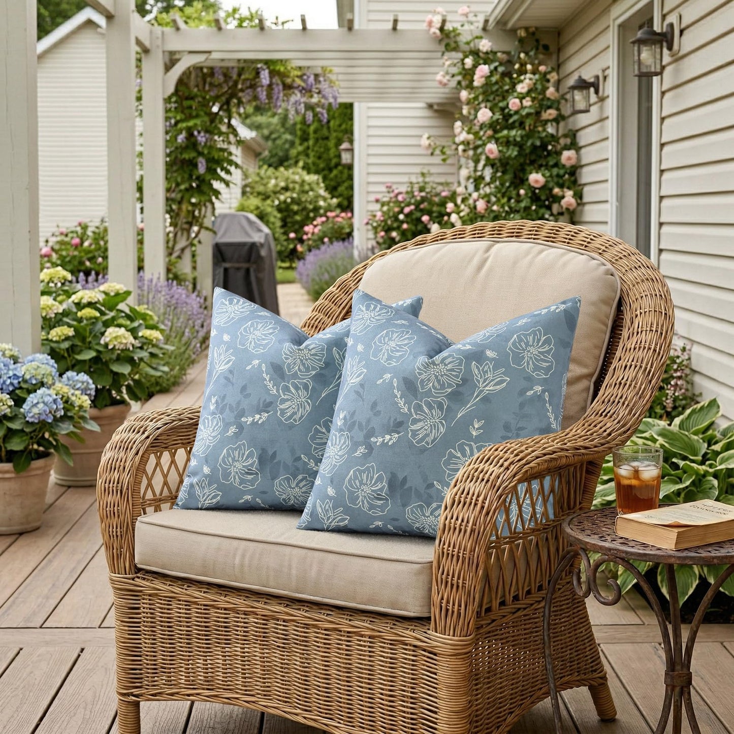 decorUhome Floral Botanical Pillow Covers 24x24 Set of 2, Faux Linen Decorative Throw Pillow Covers with White Line Flower Print for Couch Sofa Bed, Blue