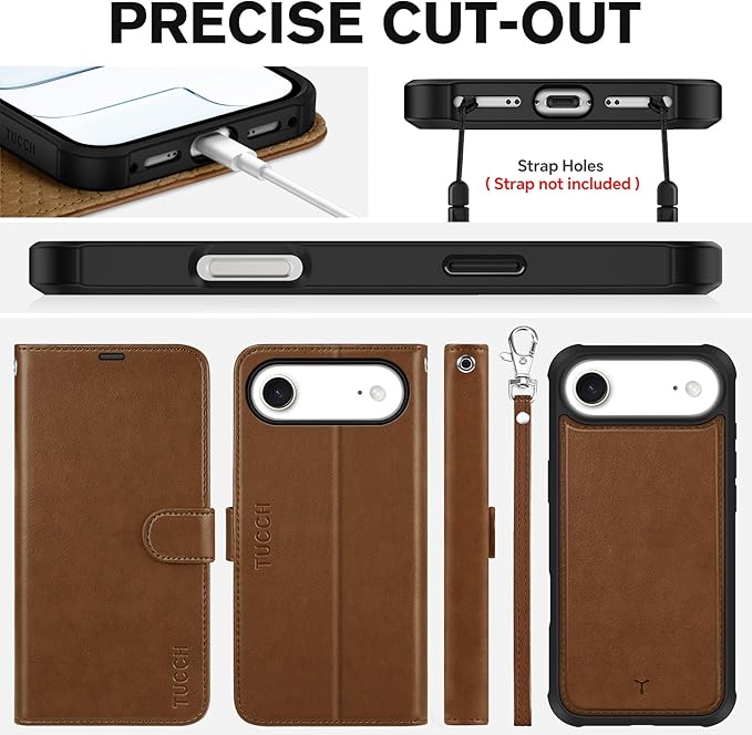 TUCCH Detachable Case Wallet for iPhone Air (6.5") 2025, Wrist Strap, 4 Card Holders RFID Blocking, Wireless Charging, Stand, 2-in-1 Magnetic, PU Leather, Shockproof Folio Cover, Brown