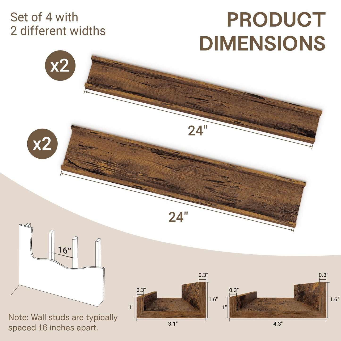 Fun Memories Picture Ledge Shelf - 24 Inches Floating Shelves Set of 4 - Nursery Bookshelves for Storage - Wood Bookshelf Wall Mounted for Bedroom - Living Room - Kitchen - Rustic Brown