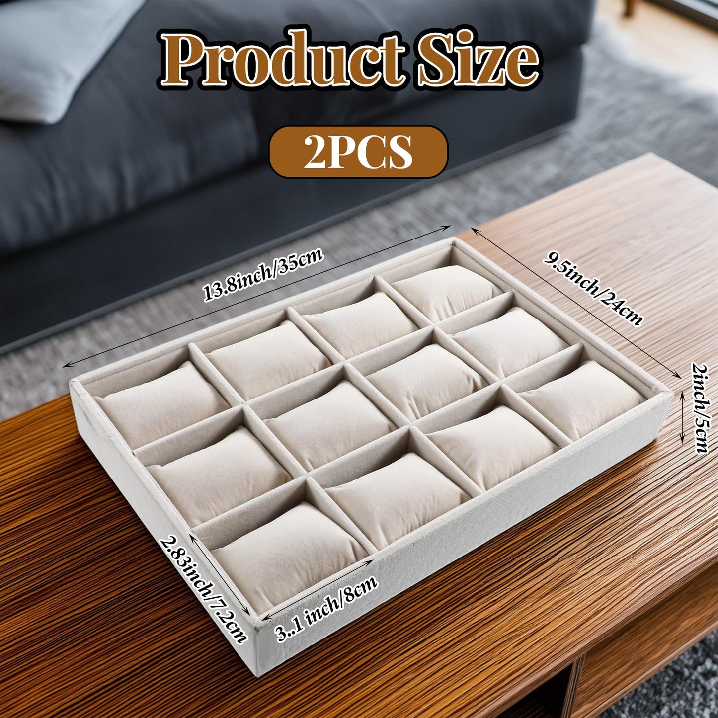 Nodaaiie 2 Pcs Beige Velvet Jewelry Organizer Watch Tray Box 12 Grid Stackable Bracelet Organizer with Adjustable Pillows for Men Women, Home Store Show