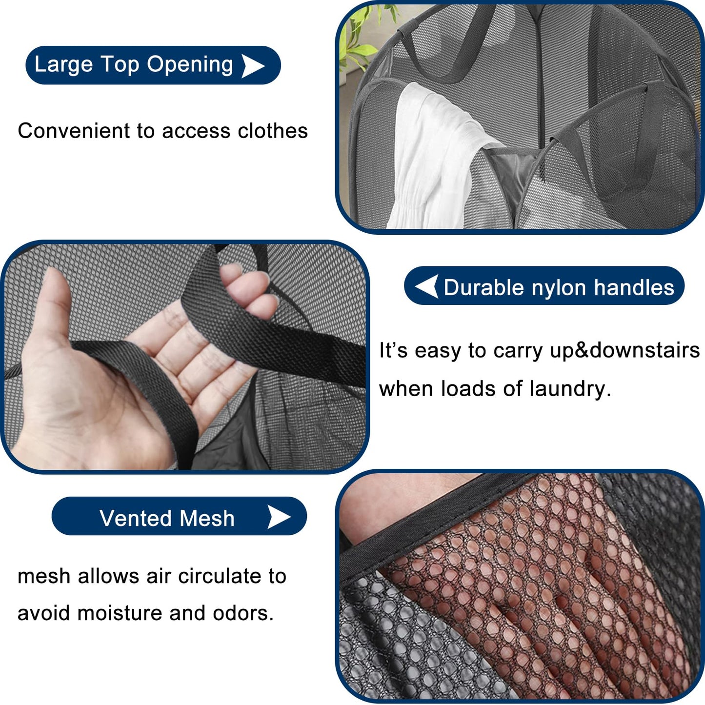 Aplter Pack of 2 Pop Up Laundry Hamper Collapsible Laundry Baskets Black Mesh Laundry Baskets with Portable Handle, Side Pocket for Bedroom, Nursery Room, Travel, Cruise