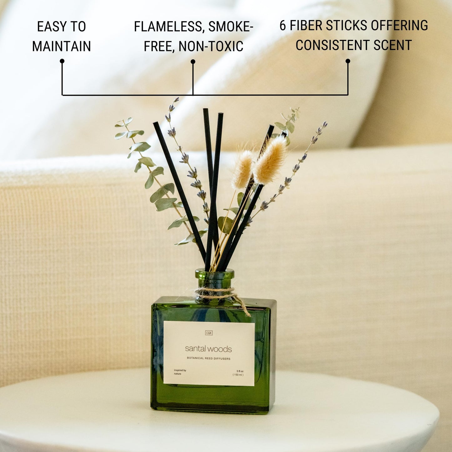 Craft & Kin Premium Santal Woods Reed Diffuser with Dried Flowers – 5 oz Essential Oil Diffuser for Home & Bathroom – Long-Lasting Fragrance Diffuser Sticks – Room Decor Air Freshener
