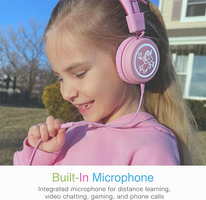 MEE audio KidJamz KJ55 Safe Listening USB-C Headphones for Children with Multicolor LED Lights, Volume Limiter, & Microphone; On-Ear Wired Kids Headset for iPhone 16, iPad, & USB Type C Devices (Pink)
