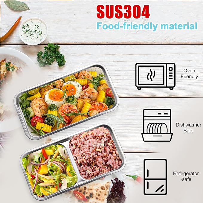 Grab and Go Snack Containers Stainless Steel, Reusable Snack Condiment Containers with Lids, Double &Single Compartment Food Lunch Meal Container Prep for Travel, Small Packs Container, 2 PCS
