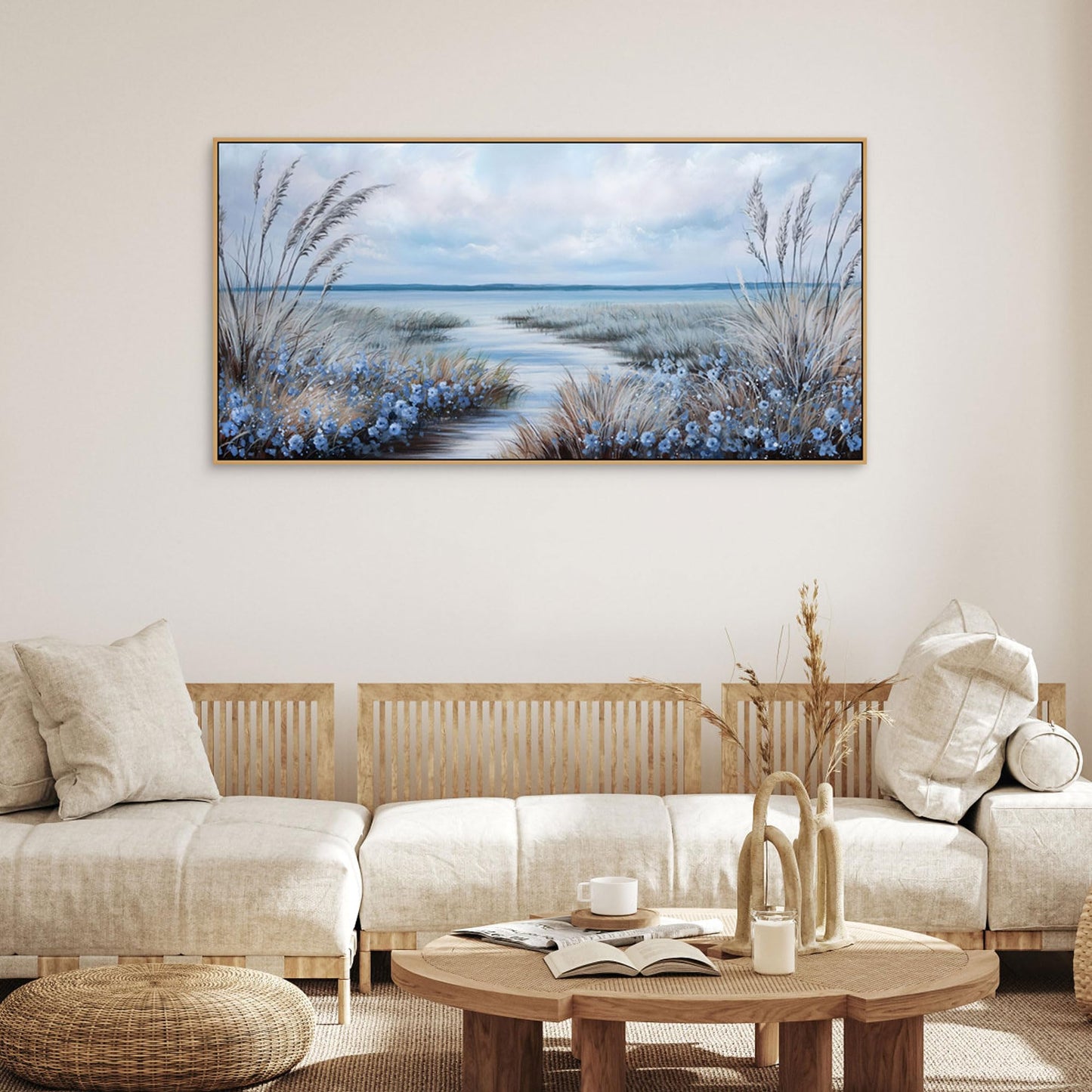 KLAKLA Beach Wall Art - Blue Large Canvas Art Living Room Wall Decor Sea Wave Picture Artwork Modern Bedroom Office Home Decor - 48x24 Inches