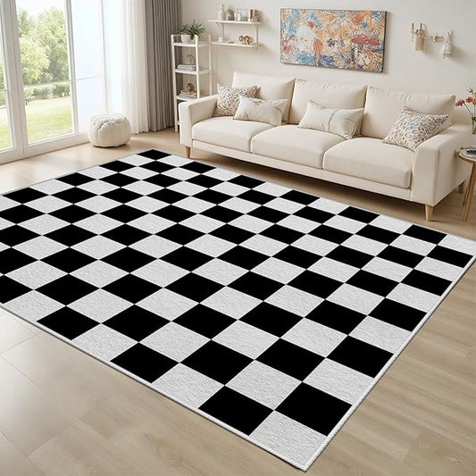 Black and White Checkered Rug for Living Room, 7x9 Area Rugs, Checkered Area Rug, Geometric Plaid Large Rugs, Washable Non Slip Retro Carpet Home Floor Decor