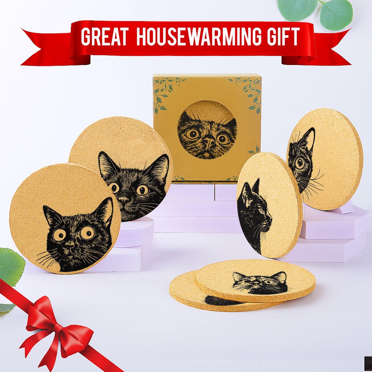 Cegkuc Coasters for Drinks with Holder Set of 6, Curious Cat Cork Coaster Absorbent for Office Desk Cat Table Coasters Kitchen Decor House Warming Gifts for New Home Couples, Round 4"