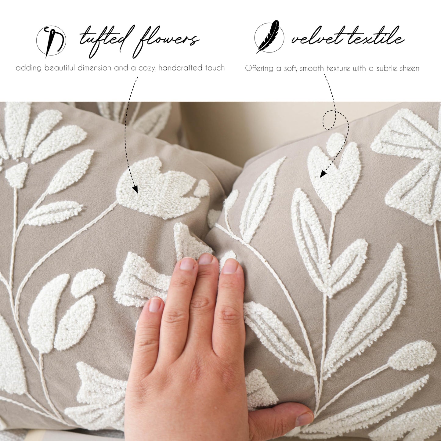 BlissBlush 14x36 Lumbar Pillow Cover for Bed, Taupe Rectangular Long Throw Pillowcase, Embroidered Velvet Floral Tufted Farmhouse Accent Cushion (Cover Only)