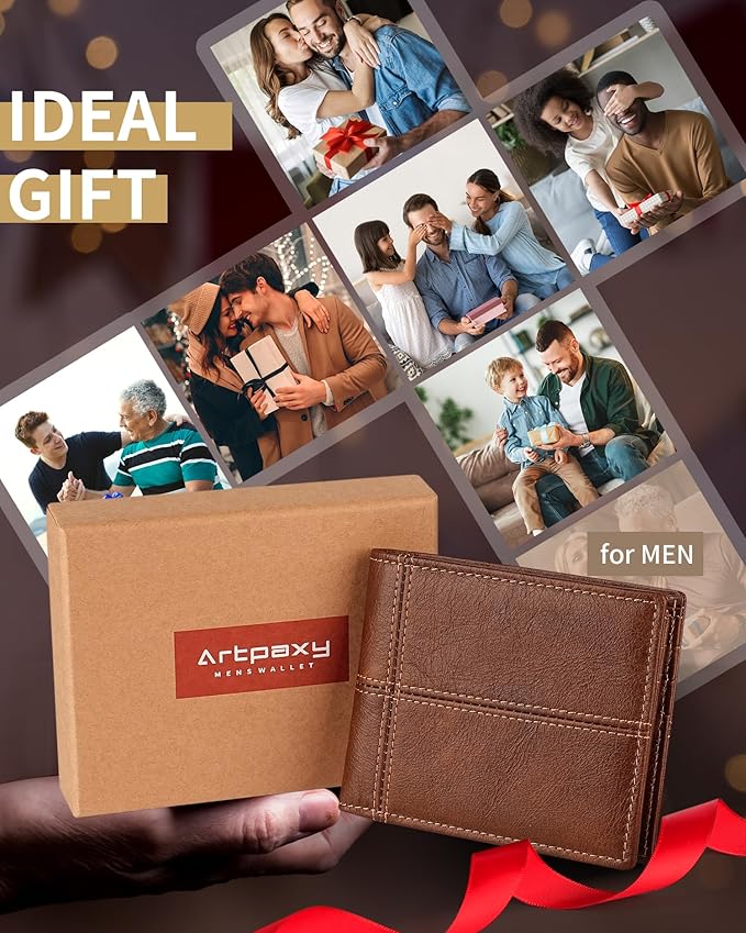 Artpaxy Mens Wallet Bifold Genuine Leather RFID Blocking Wallet for Men with 1 ID Window 13 Card Holders 2 cash pockets 1 Gift Box