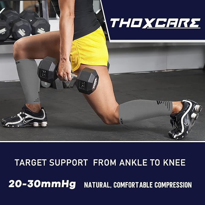 Thoxcare Calf Compression Sleeve for Men Women (1 Pair), Leg Support Footless Compression Socks for Running - Shin Splint Varicose Veins Swelling & Pain Relief, Gray/Black, X-Large