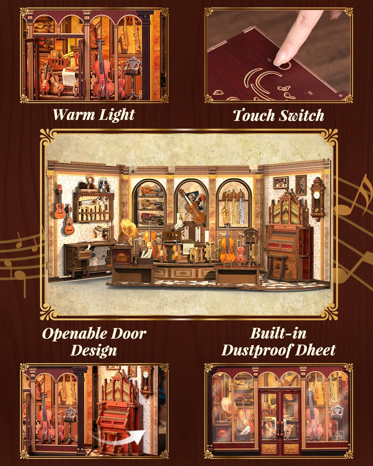 Book Nook Kit for Adults, DIY Miniature Dollhouse Kit，3D Wooden Puzzle Booknook with LED Lights, Decorative Bookends Desktop Bookshelf Home Decor, Craft Gifts for Family and Friends (Bach Strings)