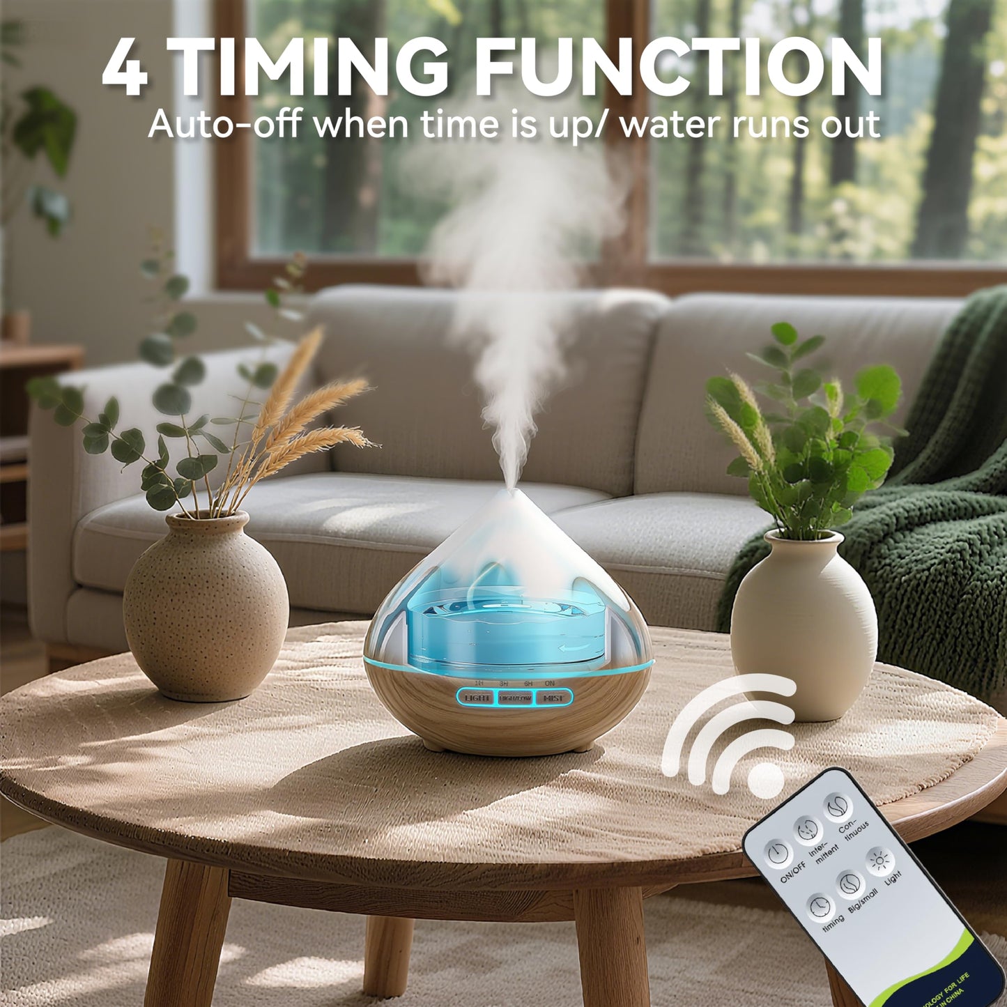 GLOXA 500ML Essential Oil Diffuser, Aromatherapy Diffuser with Remote Control, Multifunctional Air Diffusers for Home Office Room, Fragrance Aroma Diffuser with 7 Color LED & 2 Mist Mode, Brown