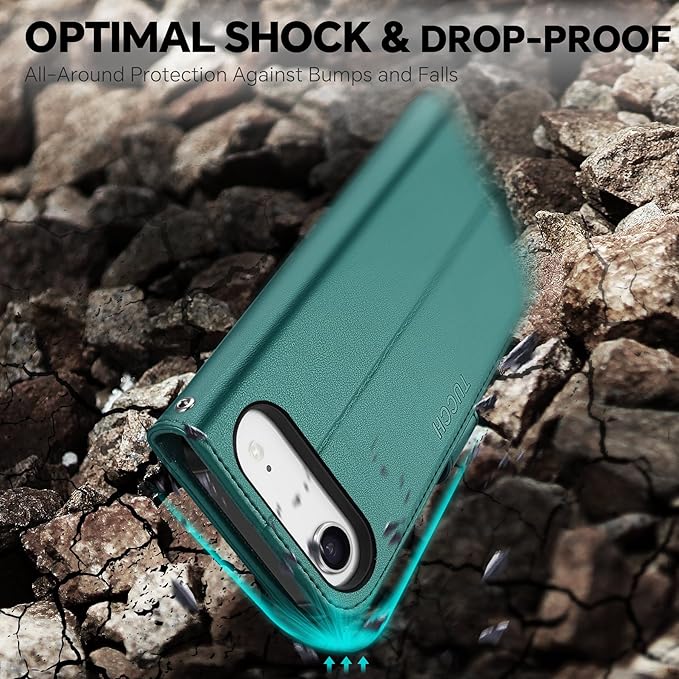 TUCCH 2-in-1 Removable Case Wallet for iPhone Air (6.5") 2025, Detachable Wrist Strap, 4 Card Holders RFID Blocking, Wireless Charging, Stand, Magnetic, PU Leather Shockproof Cover, Bluish Green
