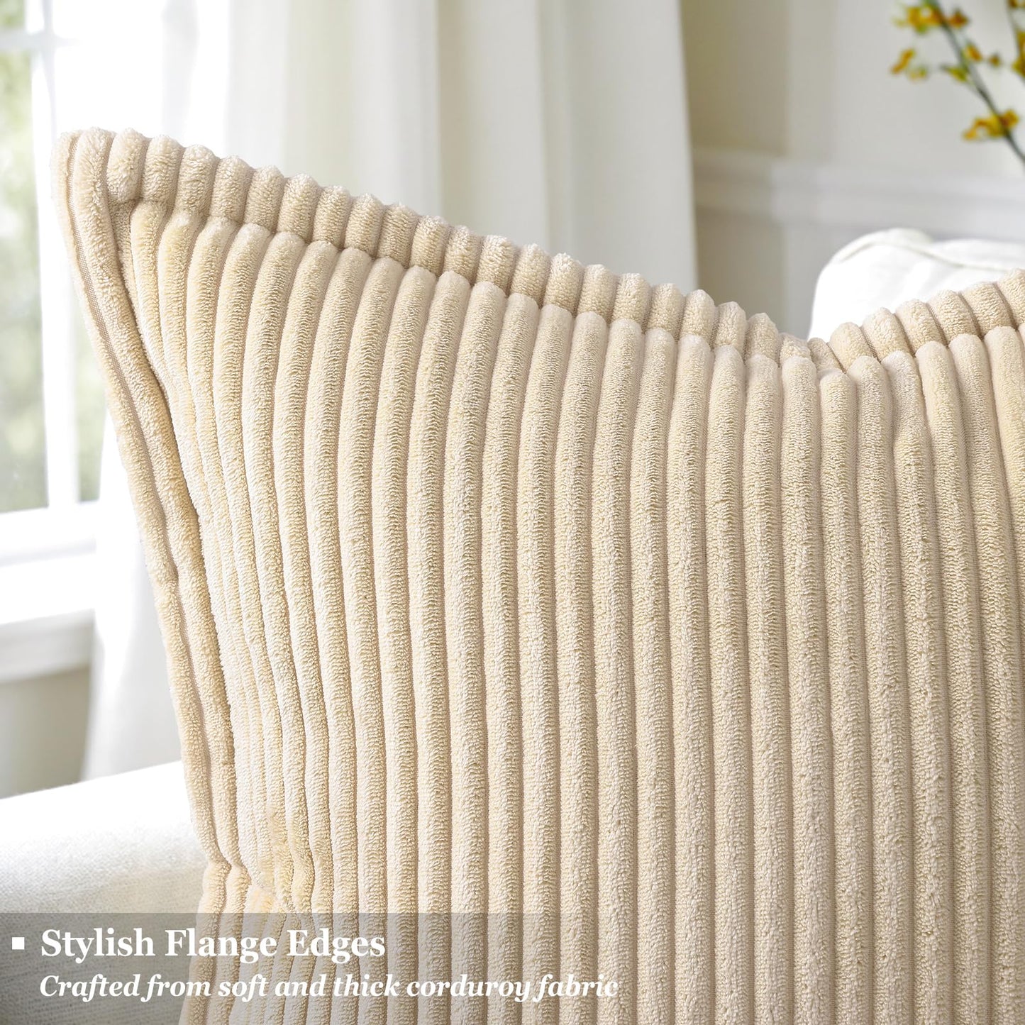 decorUhome Summer Corduroy Beige Euro Sham Throw Pillow Covers 24x24 Set of 2 Decorative Soft Boho Farmhouse Couch Pillow Covers for Living Room Bed Sofa Broadside Striped Pillow Cases