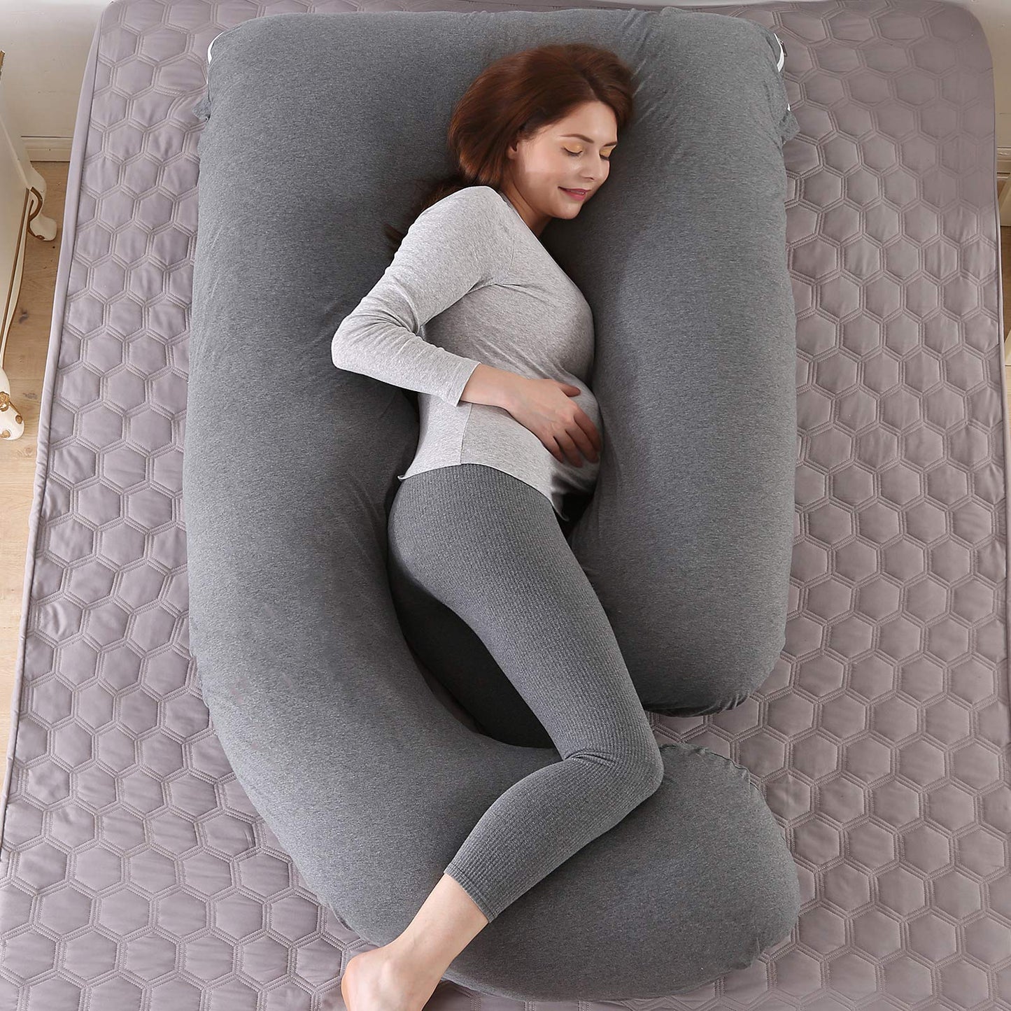 U-Shaped Full Body Pregnancy Pillow for Sleeping – 57" Maternity Pillow with Removable Cover, Support for Back, Legs, Belly & Hips (Jersey-Dark Grey)