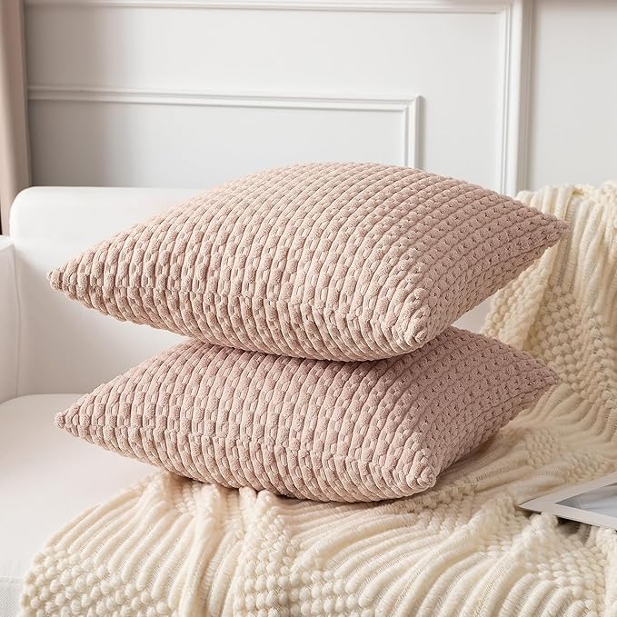 Kevin Textile 2 Packs Light Pink Decorative Throw Pillow Covers 16x16 Inch for Living Room Couch Bed Sofa Valentines Day Gifts Soft Striped Corduroy Square Cushion Case Farmhouse Boho Home Decor