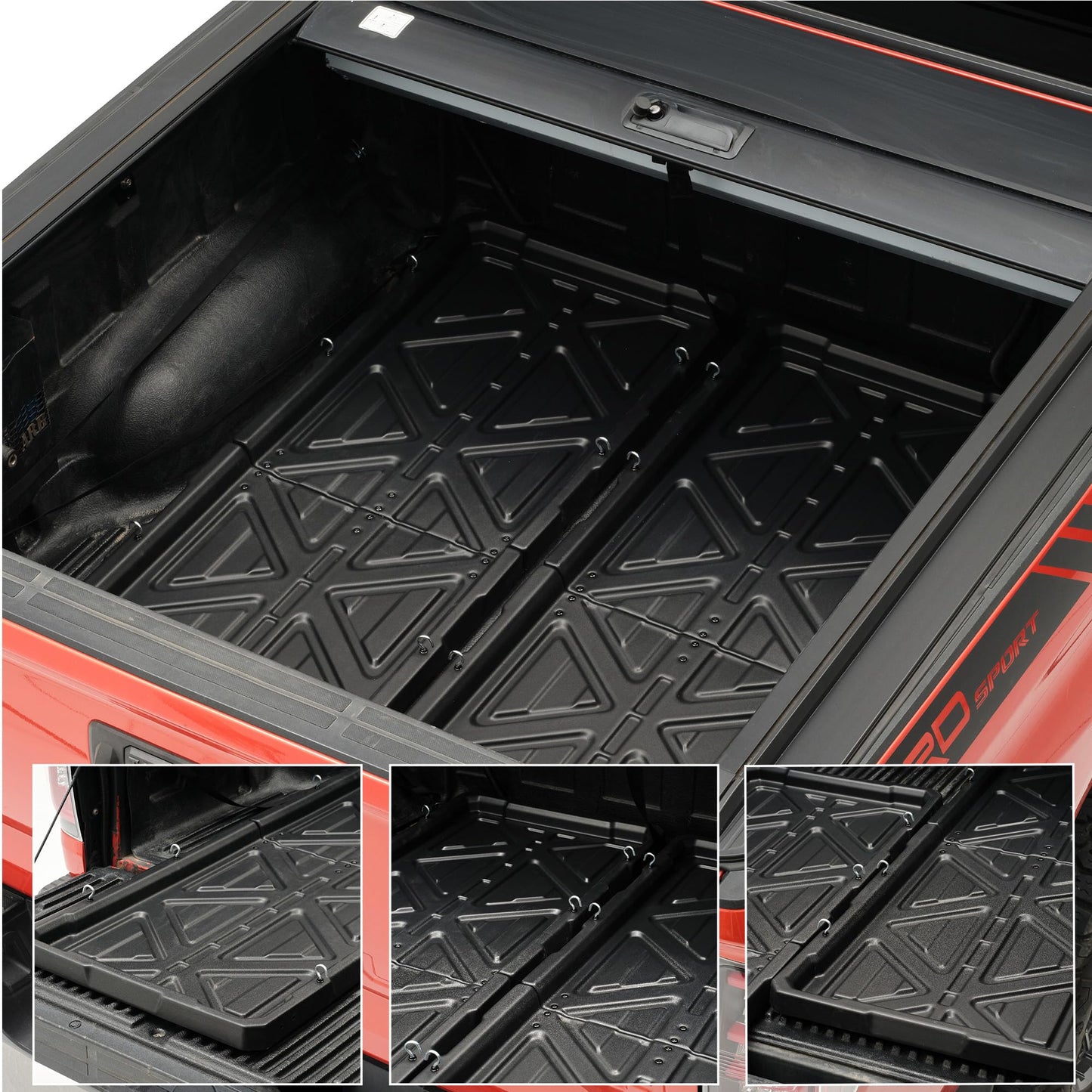 KOKSHELY Slide-Out Truck Bed Tray, 61.72" Lx 46.25" W Size Truck Bed Organizer Tray for 5’7’’+ Long Beds, Sliding Truck Cargo Tray Fits Most Full-Size Pickups, with Elastic Cargo Net & Open Hooks