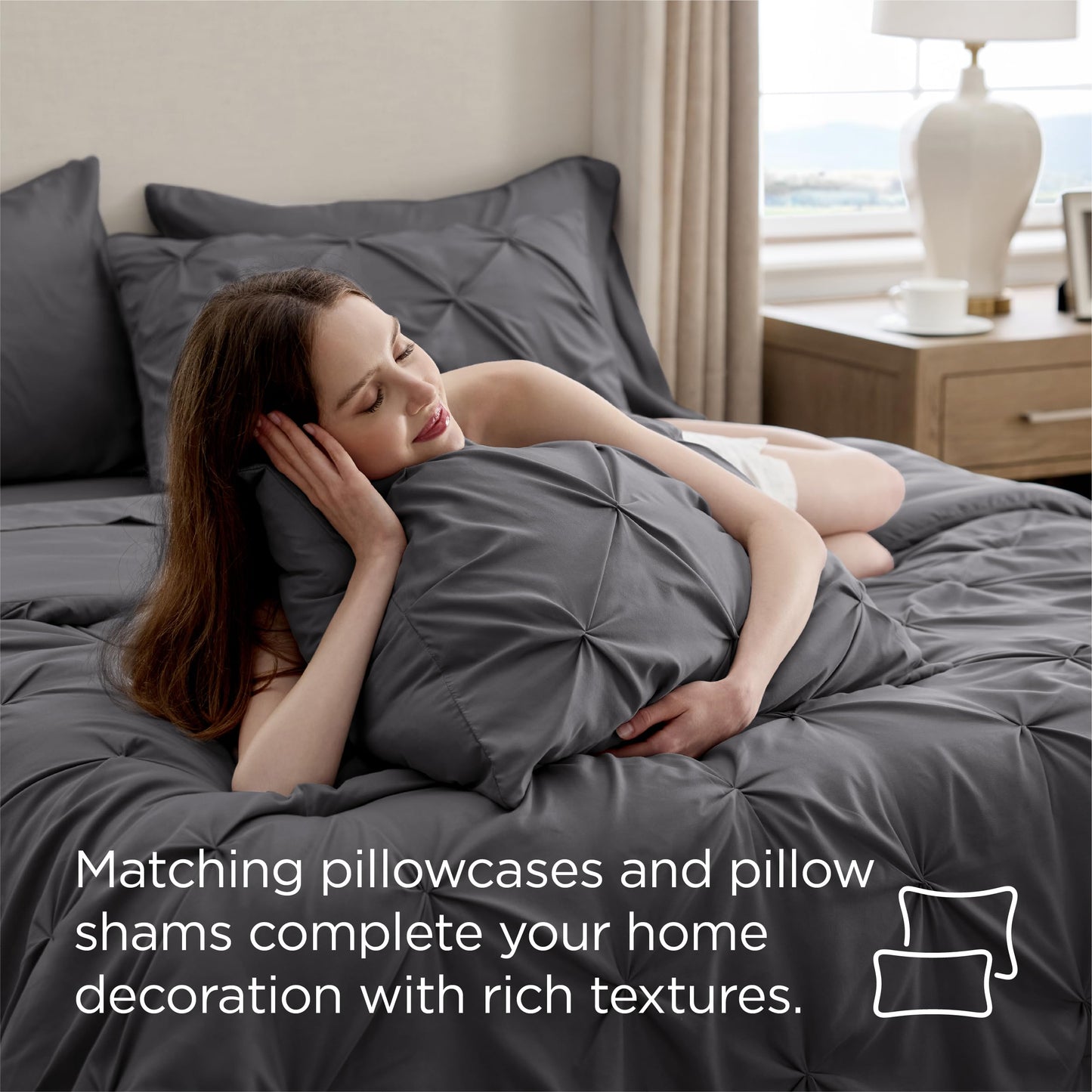 Bedsure Queen Comforter Set Dark Grey - Bed in a Bag Queen Size Bedding 7 Pieces, GentleSoft™ Pintuck Bed Set Gift for Family, All Season Down Alternative Comforter with Sheets, Pillowcases & Shams